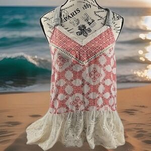 NWT Jolt Boho Babydoll Tank Top - Lace Ruffle Hem Geometric Print - Size L